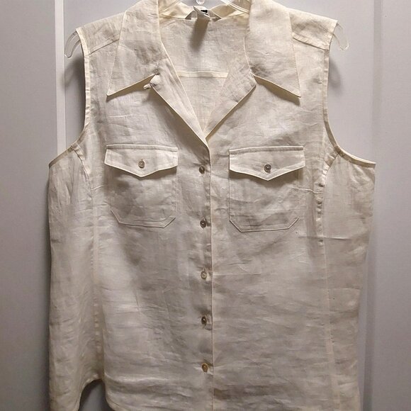 H&M Women's 100% Linen White Button Down Sleeveless Blouse w/Pockets - Size 16 - Picture 1 of 10
